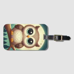 Cute baby owl at night with moon luggage tag