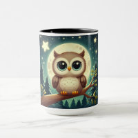Cute baby owl at night with moon