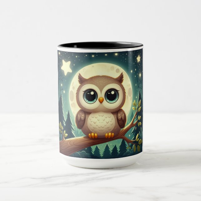 Cute baby owl at night with moon mug (Center)