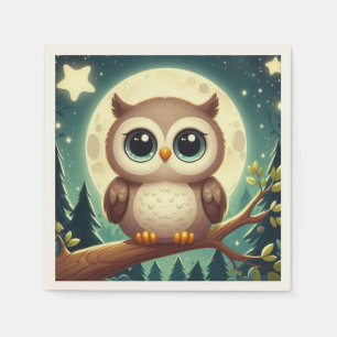 Cute baby owl at night with moon napkin