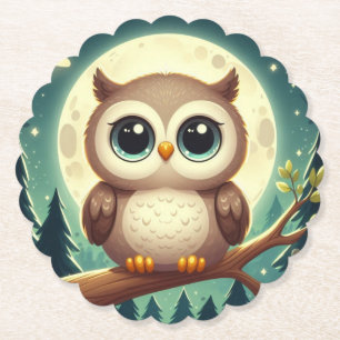 Cute baby owl at night with moon paper coaster