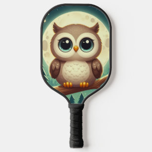 Cute baby owl at night with moon pickleball paddle