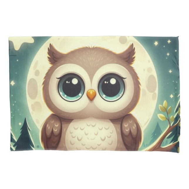 Cute baby owl at night with moon pillowcase (Front)