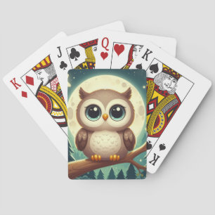 Cute baby owl at night with moon playing cards