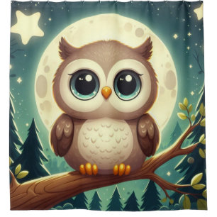 Cute baby owl at night with moon shower curtain