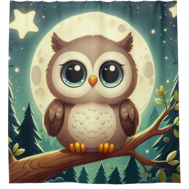 Cute baby owl at night with moon shower curtain (Front)