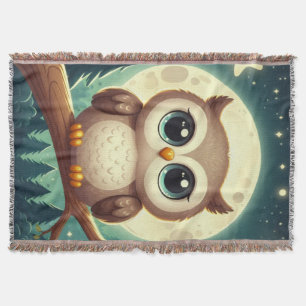 Cute baby owl at night with moon throw blanket