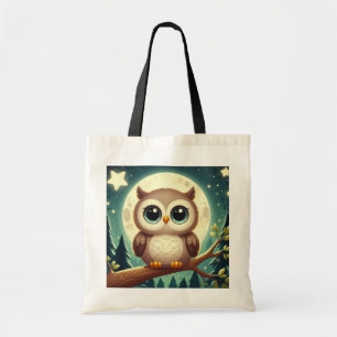 Cute baby owl at night with moon tote bag