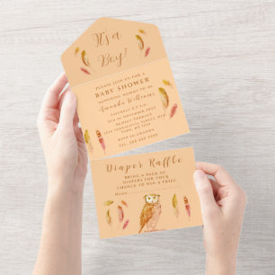 Cute Baby Owl Bird Feathers Bohemian Watercolor  All In One Invitation