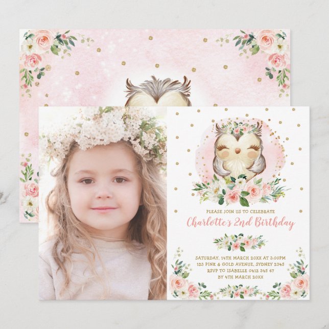 Cute Baby Owl Blush Pink Gold Flowers Birthday Invitation (Front/Back)