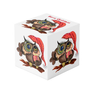 Cute Baby Owl In Christmas Hat and Gift - Cartoon Cube