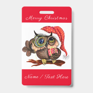 Cute Baby Owl In Christmas Hat and Gift - Cartoon  ID Badge