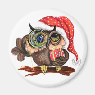 Cute Baby Owl In Christmas Hat and Gift - Cartoon  Magnet