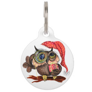 Cute Baby Owl In Christmas Hat and Gift - Cartoon Pet Tag