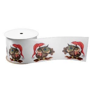 Cute Baby Owl In Christmas Hat and Gift - Cartoon  Satin Ribbon