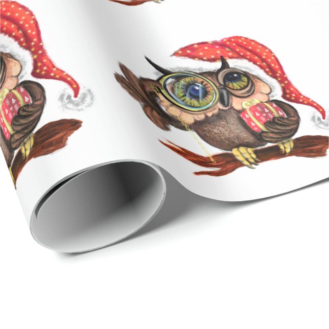 Cute Baby Owl In Christmas Hat and Gift - Cartoon  Wrapping Paper (Roll Corner)