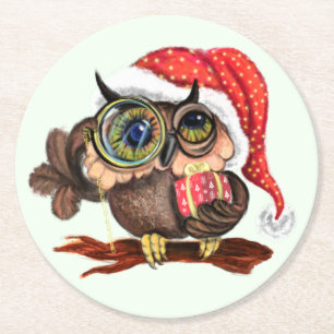 Cute Baby Owl In Christmas Hat and Gift Coaster