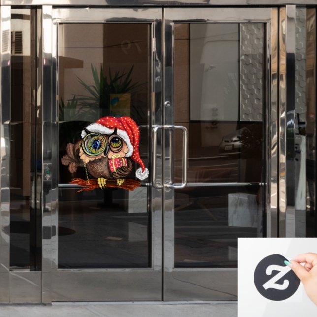 Cute Baby Owl In Christmas Hat and Gift For You (Office Door)