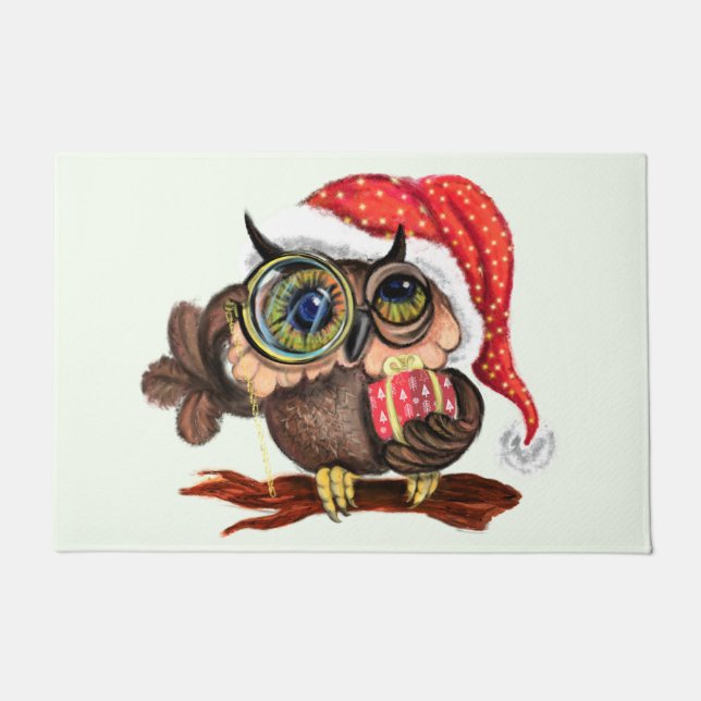 Cute Baby Owl In Christmas Hat and Gift For You Doormat (Front)
