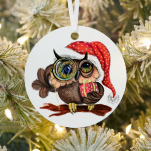 Cute Baby Owl In Christmas Hat and Gift For You Metal Tree Decoration