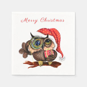 Cute Baby Owl In Christmas Hat and Gift For You Napkin