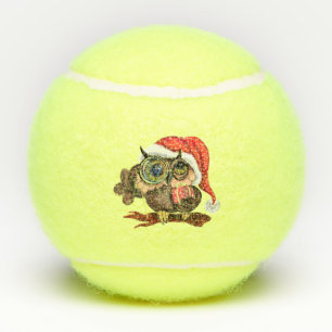Cute Baby Owl In Christmas Hat and Gift For You Tennis Balls