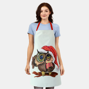 Cute Baby Owl In Christmas Hat and Gift - Fun Apron