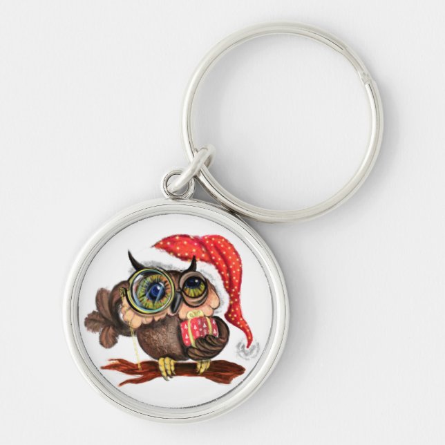 Cute Baby Owl In Christmas Hat and Gift - Fun Keyc Key Ring (Front)