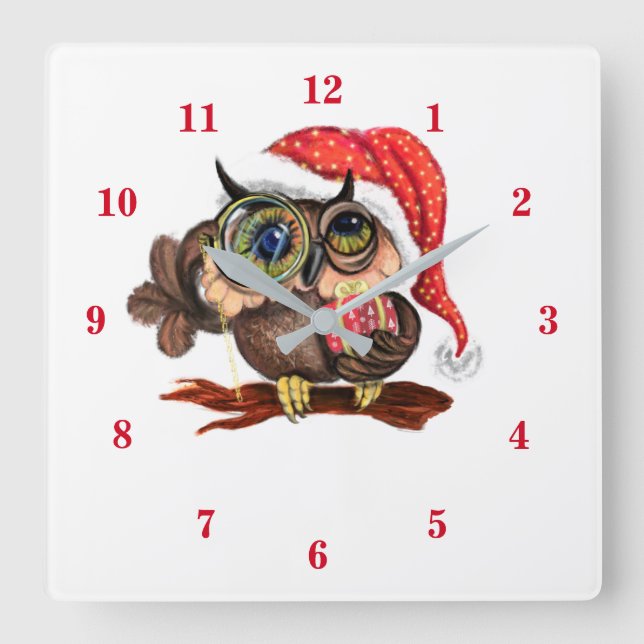 Cute Baby Owl In Christmas Hat and Gift - Fun Square Wall Clock (Front)