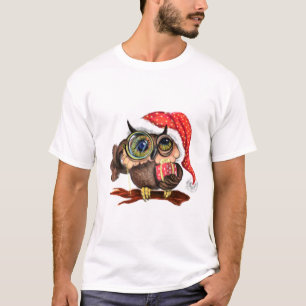 Cute Baby Owl In Christmas Hat and Gift - Fun T-Shirt