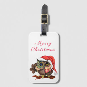 Cute Baby Owl In Christmas Hat and Gift - Painting Luggage Tag