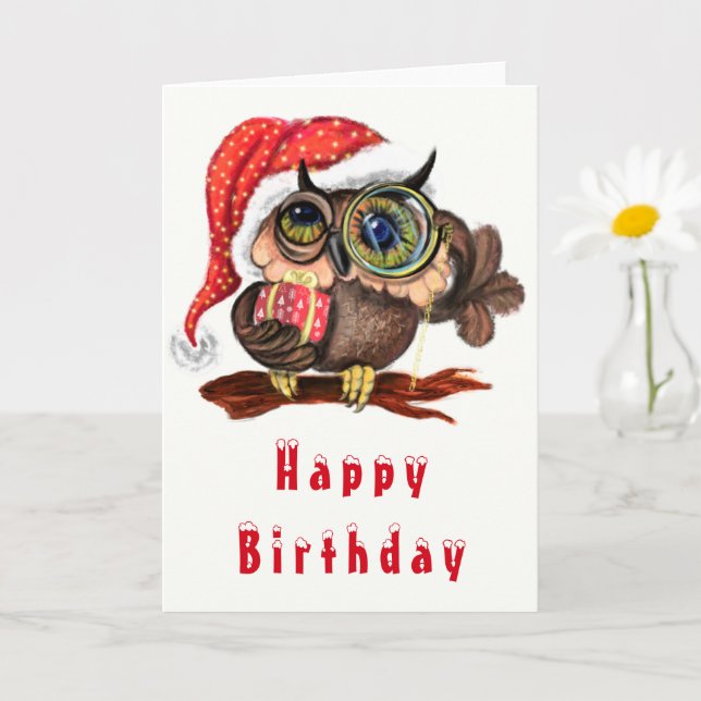 Cute Baby Owl In Christmas Hat Birthday Card (Small Plant)