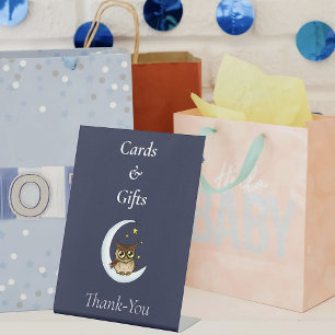 Cute Baby Owl Moon Stars Blue Shower Pedestal Sign