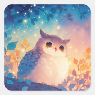 Cute Baby Owl Perched on Branch with Autumn Leaves Square Sticker