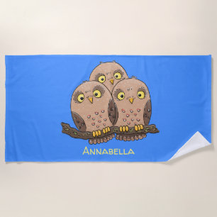 Cute baby owl trio cartoon illustration beach towel