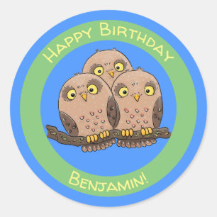 Cute baby owl trio cartoon illustration classic round sticker