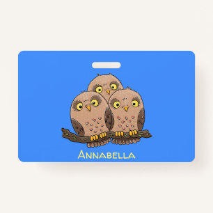 Cute baby owl trio cartoon illustration ID badge