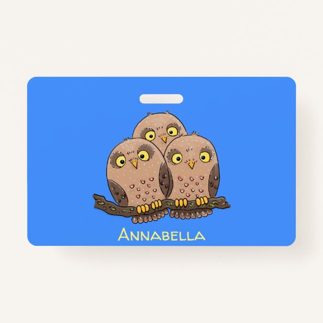 Cute baby owl trio cartoon illustration ID badge (Front)