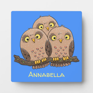 Cute baby owl trio cartoon illustration plaque