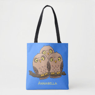 Cute baby owl trio cartoon illustration tote bag