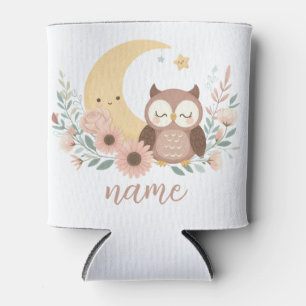 Cute baby owl with moon can cooler