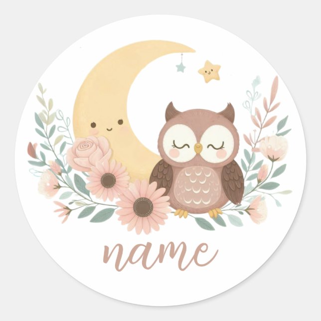 Cute baby owl with moon classic round sticker (Front)