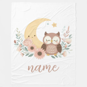 Cute baby owl with moon fleece blanket