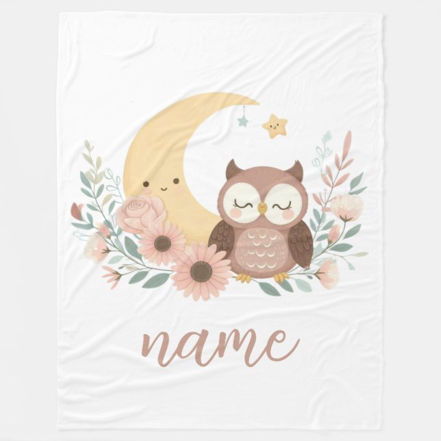 Cute baby owl with moon fleece blanket (Front)