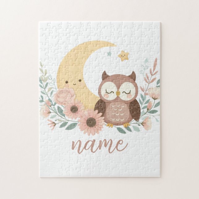Cute baby owl with moon jigsaw puzzle (Vertical)