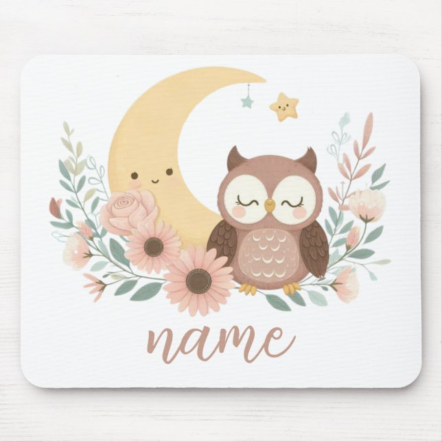 Cute baby owl with moon mouse pad (Front)
