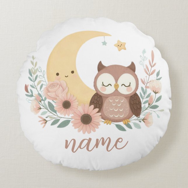 Cute baby owl with moon round cushion (Front)
