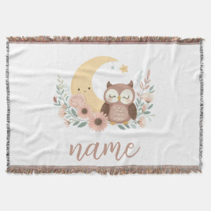 Cute baby owl with moon throw blanket