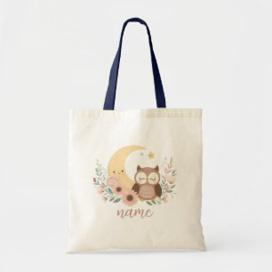 Cute baby owl with moon tote bag