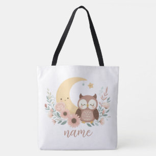 Cute baby owl with moon tote bag